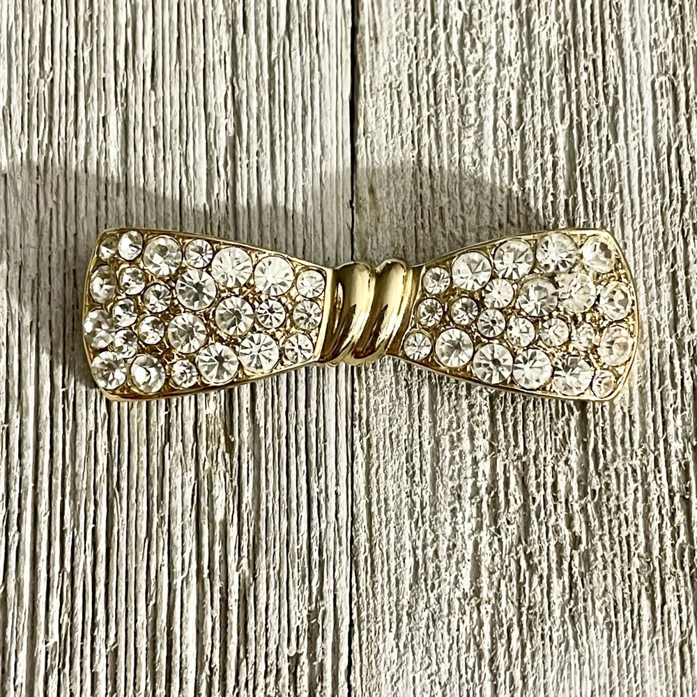 Gold Tone Crystal Bow Brooch Pin